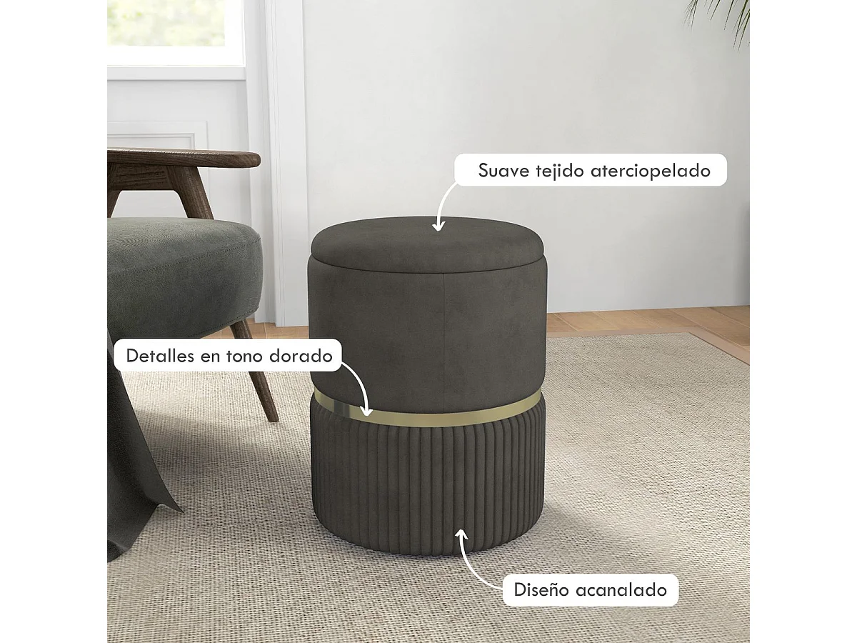 Puff almacenaje Piazza Homcom acolchado gris Ø36x44 cm