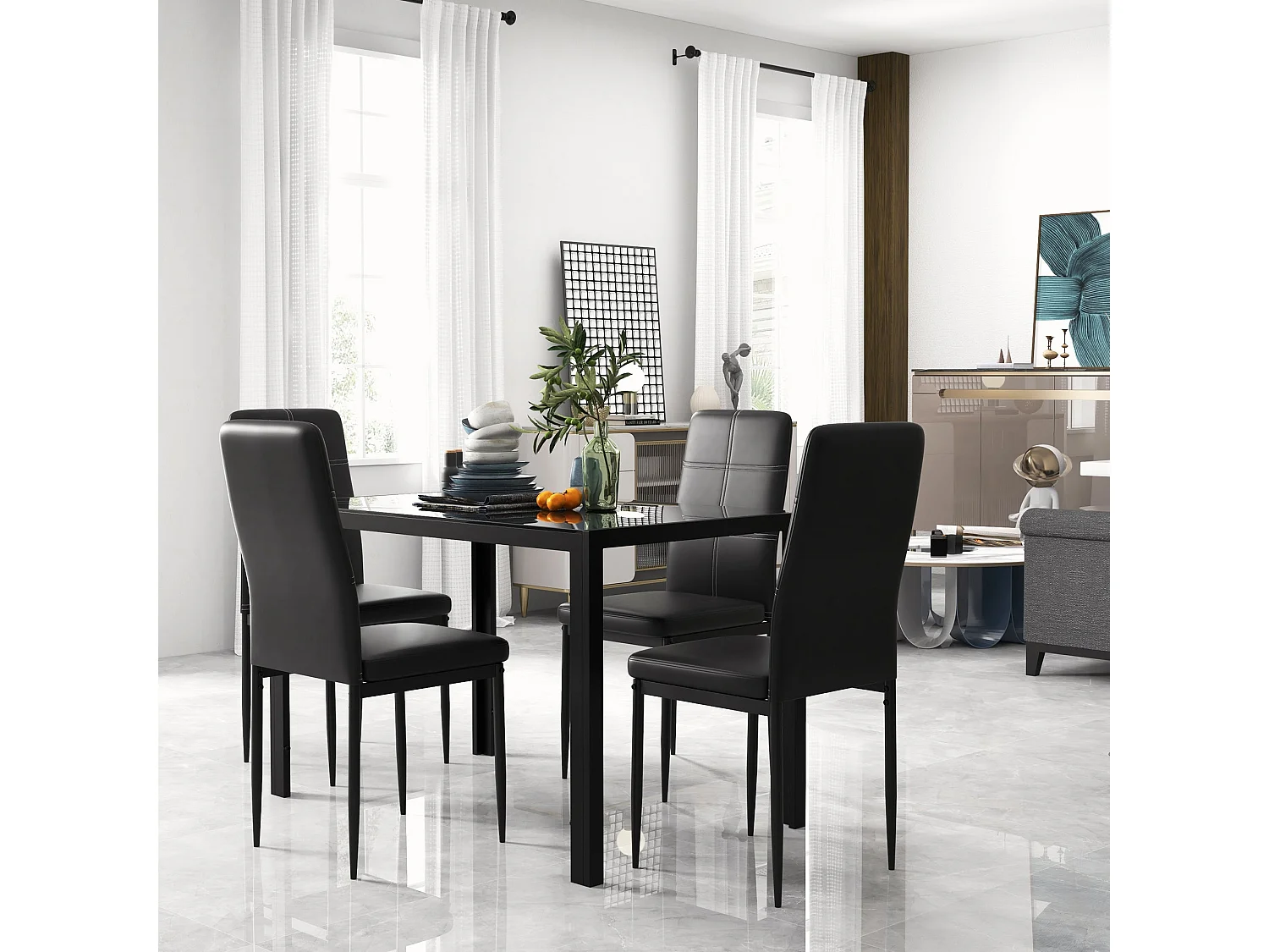 Conjunto de Mesa de Jantar com 4 Cadeiras em Vidro Temperado e Estofadas em PU