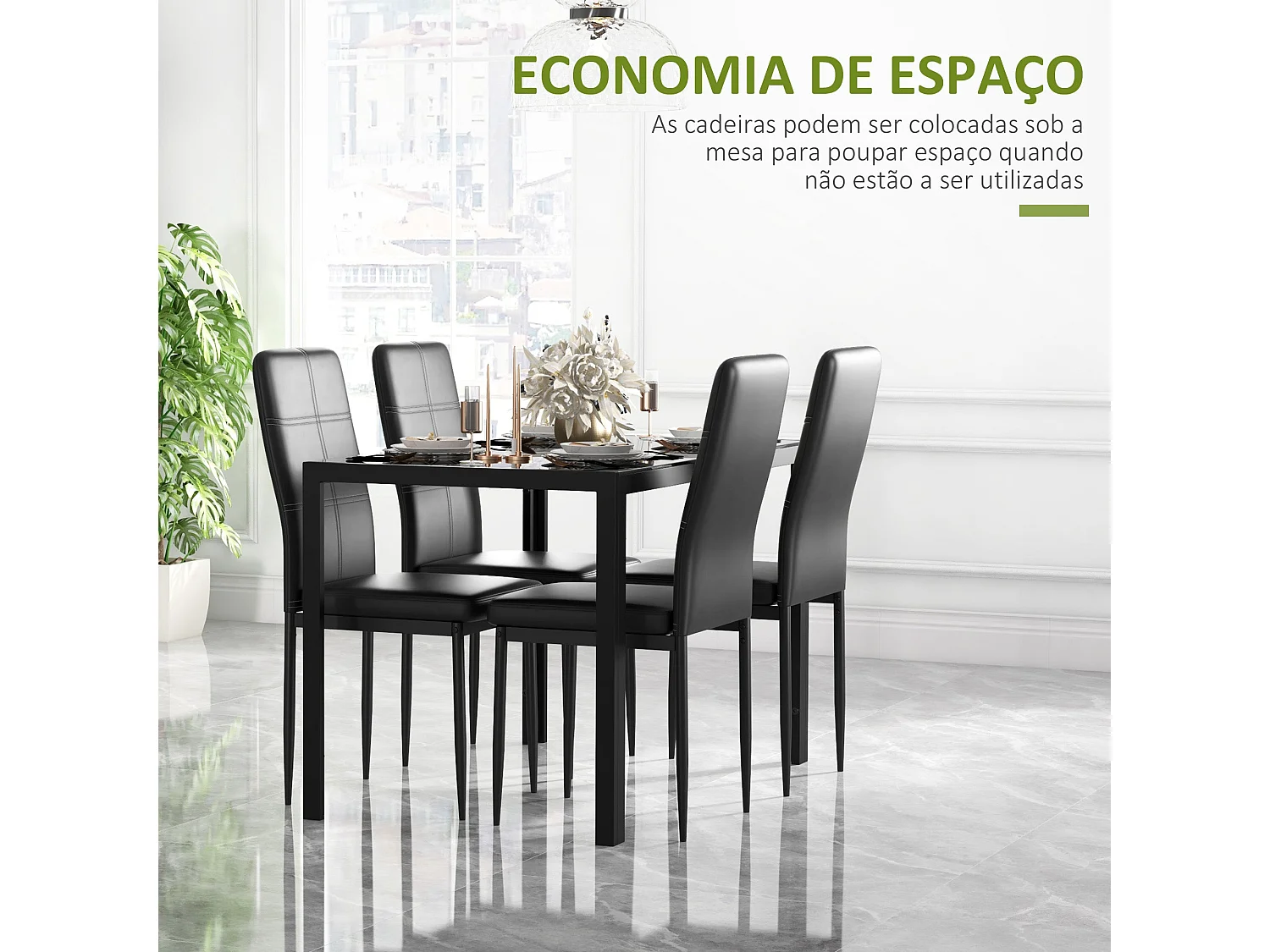 Conjunto de Mesa de Jantar com 4 Cadeiras em Vidro Temperado e Estofadas em PU