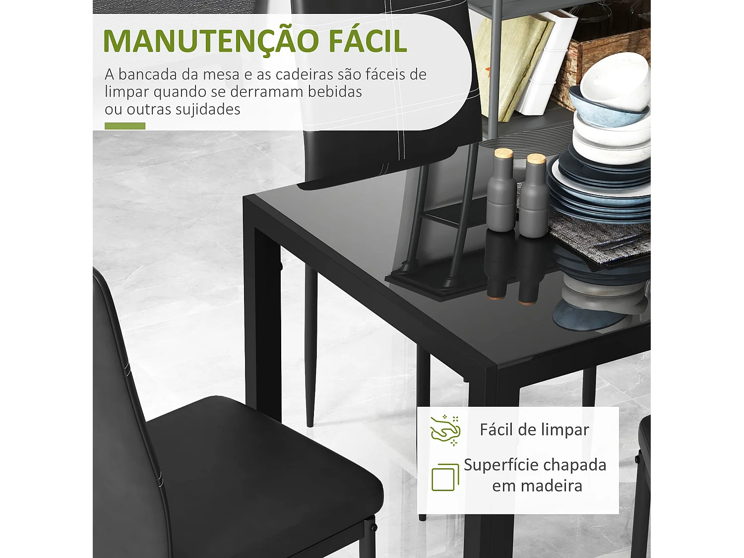 Conjunto de Mesa de Jantar com 4 Cadeiras em Vidro Temperado e Estofadas em PU