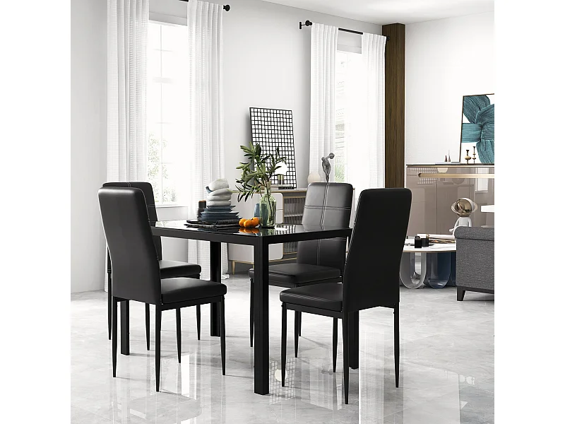 Conjunto de Mesa de Jantar com 4 Cadeiras em Vidro Temperado e Estofadas em PU