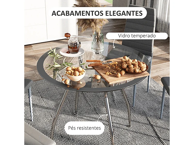 Conjunto de Mesa Redonda e 4 Cadeiras Elegantes em Vidro Temperado e Aço - Modelo Biarritz