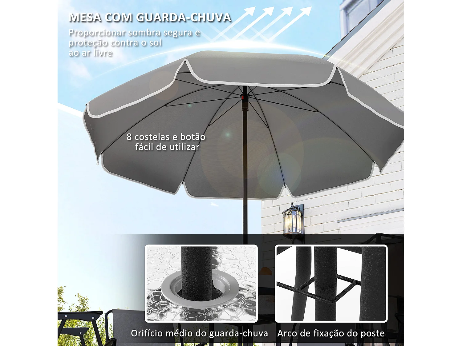 Conjunto de Móveis de Jardim com Mesa Redonda e 4 Cadeiras Dobráveis com Chapéu de Sol