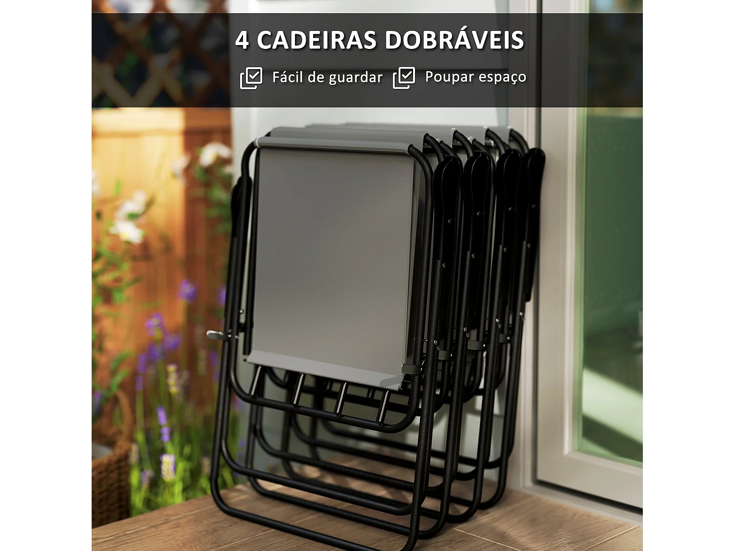 Conjunto de Móveis de Jardim com Mesa Redonda e 4 Cadeiras Dobráveis com Chapéu de Sol
