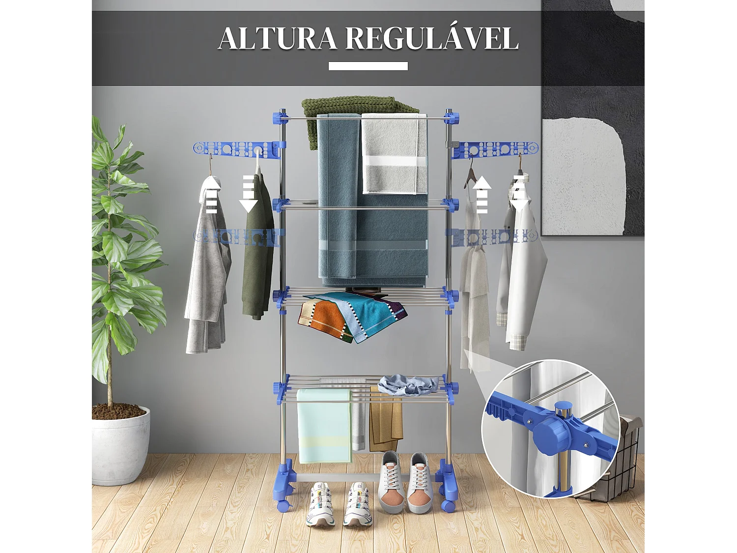 Estendal Vertical Dobrável com 4 Níveis e Rodas para Secar Roupas em Casa e ao Ar Livre