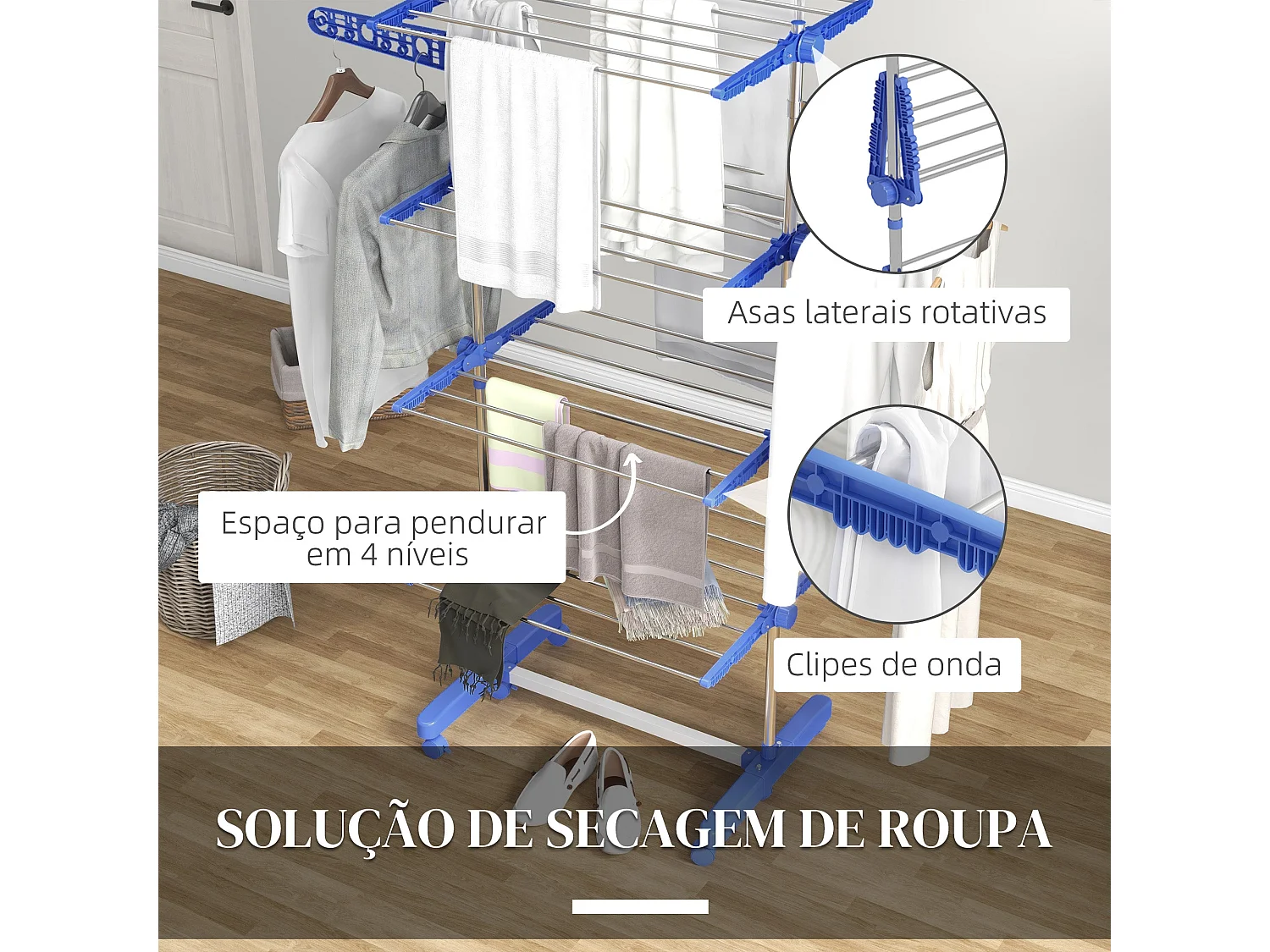 Estendal Vertical Dobrável com 4 Níveis e Rodas para Secar Roupas em Casa e ao Ar Livre