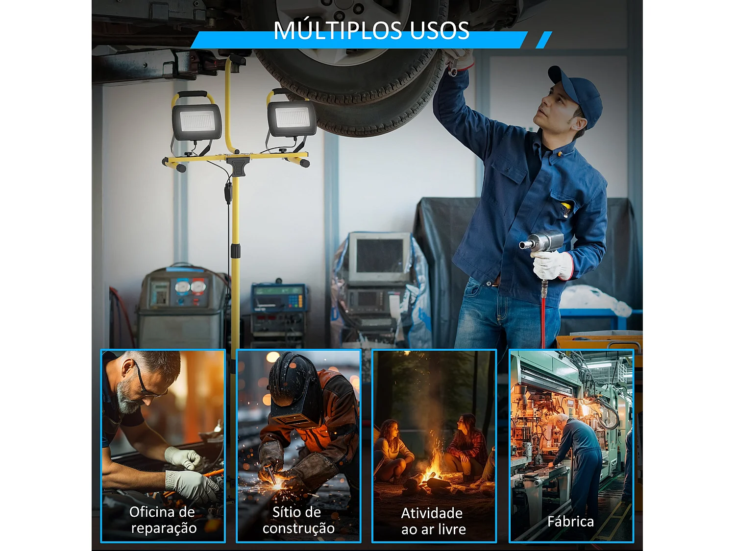 Projetor LED Recarregável de Alumínio com Tripé Dobrável e Alto Brilho para Uso Interno e Externo