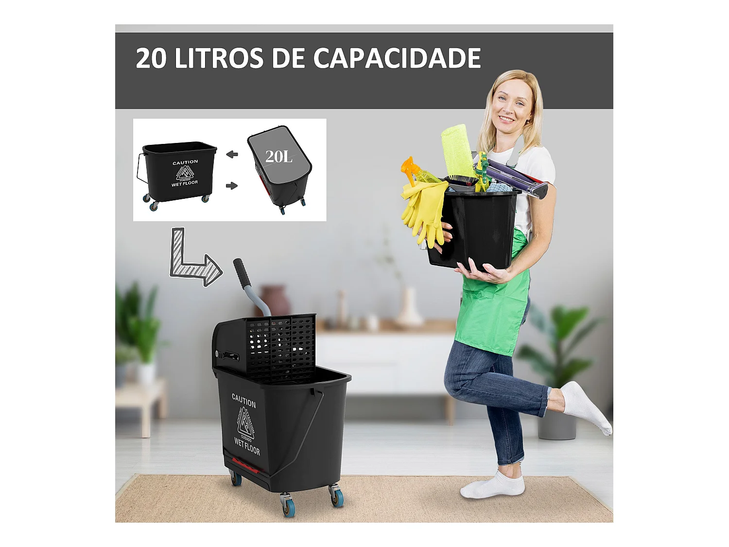 Balde de Limpeza com Rodas e Espremedor 20L - Modelo Tromsø em Preto