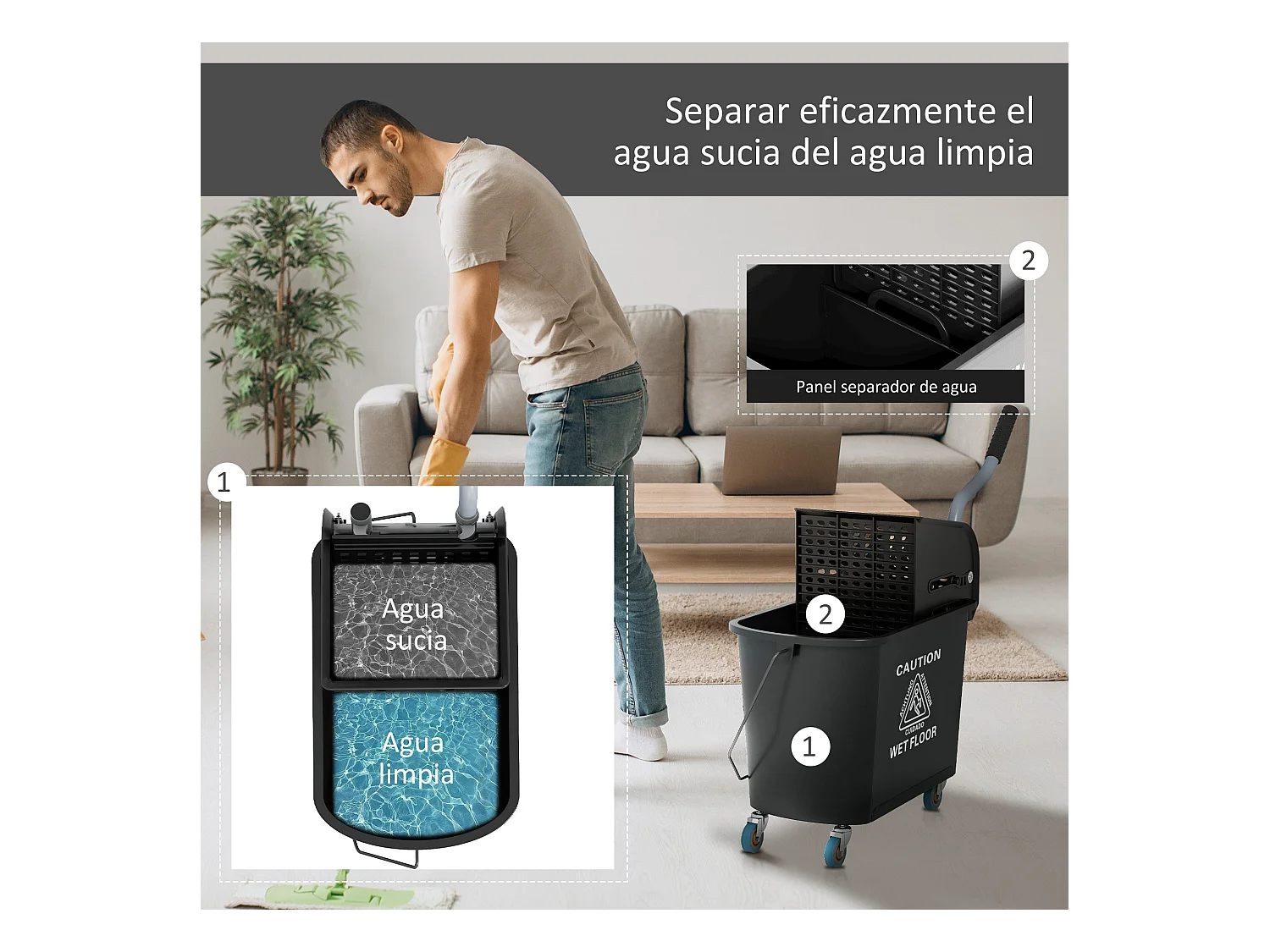 Balde de Limpeza com Rodas e Espremedor 20L - Modelo Tromsø em Preto