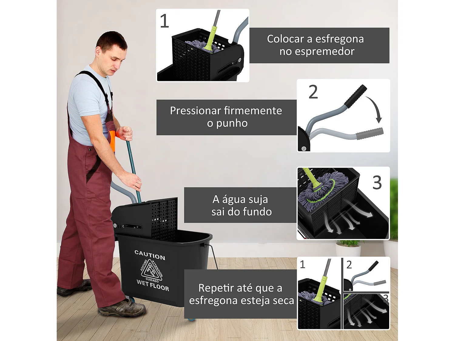 Balde de Limpeza com Rodas e Espremedor 20L - Modelo Tromsø em Preto