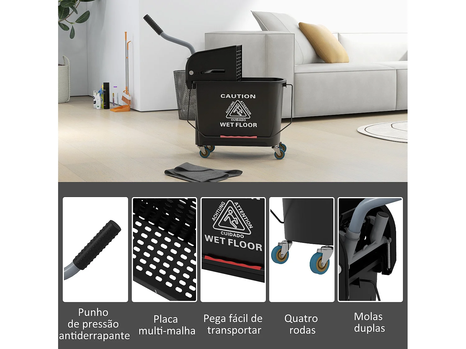 Balde de Limpeza com Rodas e Espremedor 20L - Modelo Tromsø em Preto