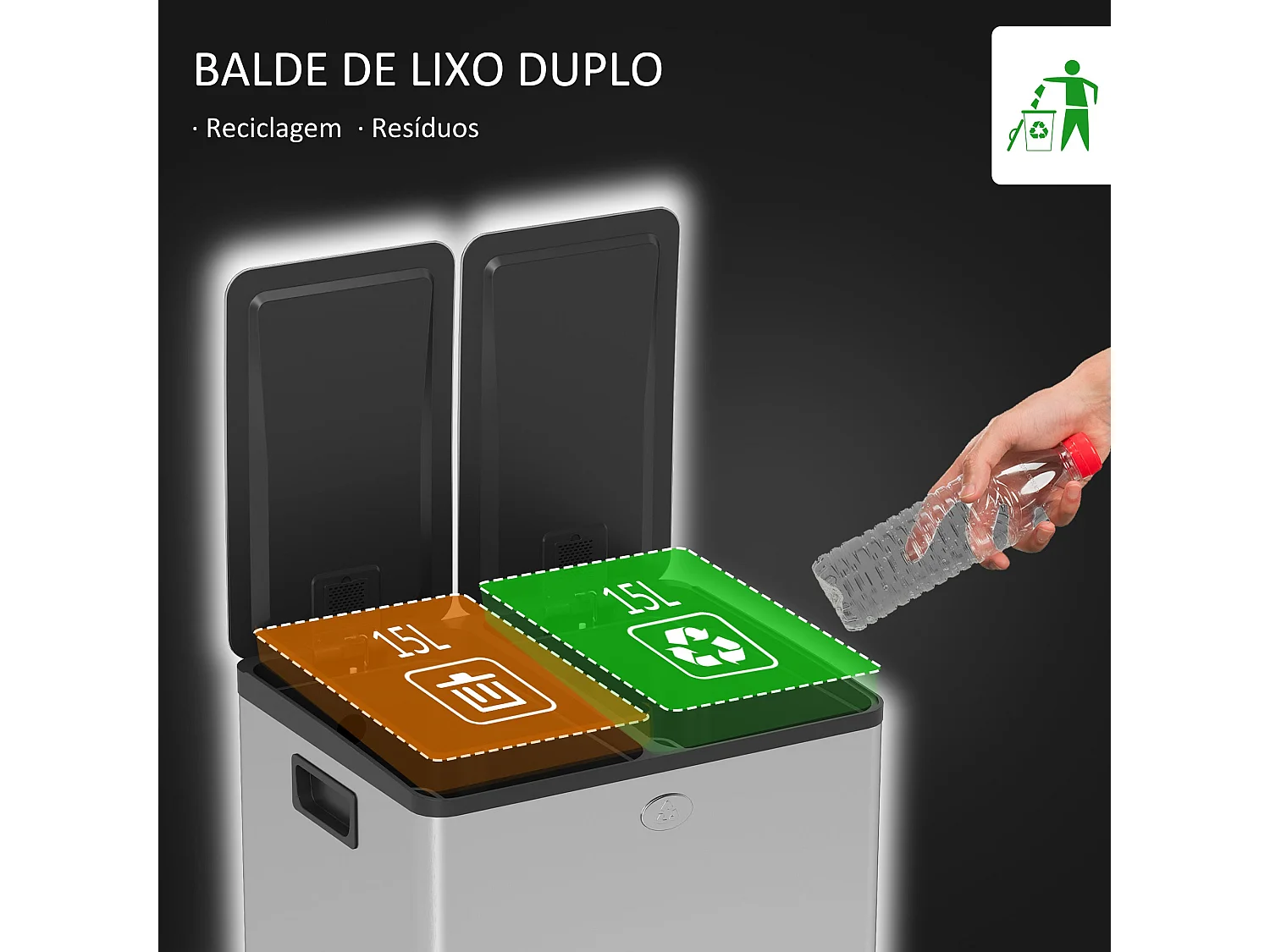 Balde de Lixo de Cozinha Chamonix com 2 Compartimentos de 15L em Aço Inoxidável e Tampa de Fechamento Suave