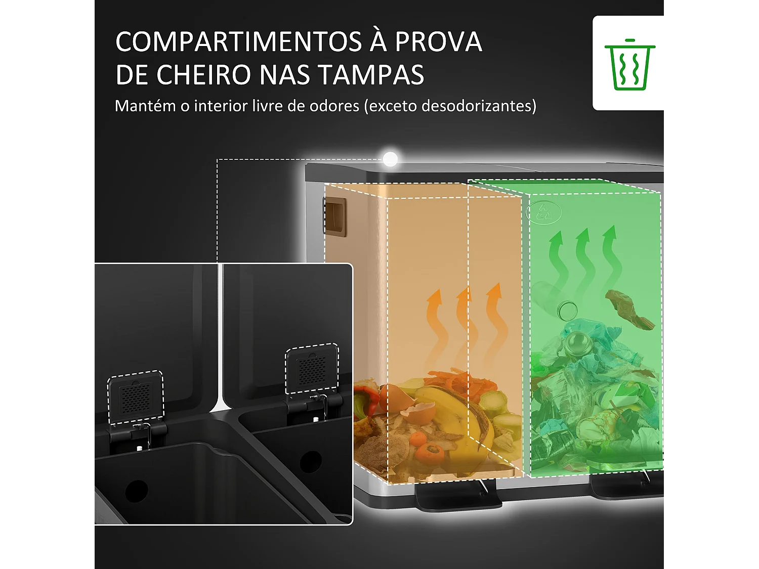 Balde de Lixo de Cozinha Chamonix com 2 Compartimentos de 15L em Aço Inoxidável e Tampa de Fechamento Suave