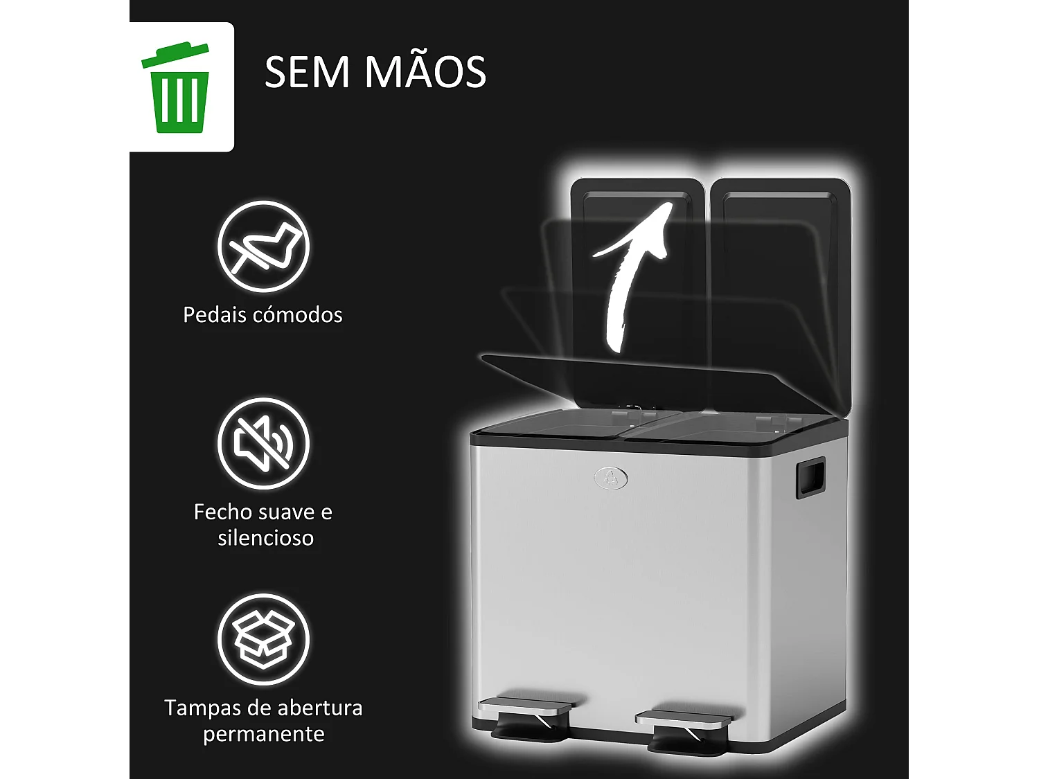 Balde de Lixo de Cozinha Chamonix com 2 Compartimentos de 15L em Aço Inoxidável e Tampa de Fechamento Suave