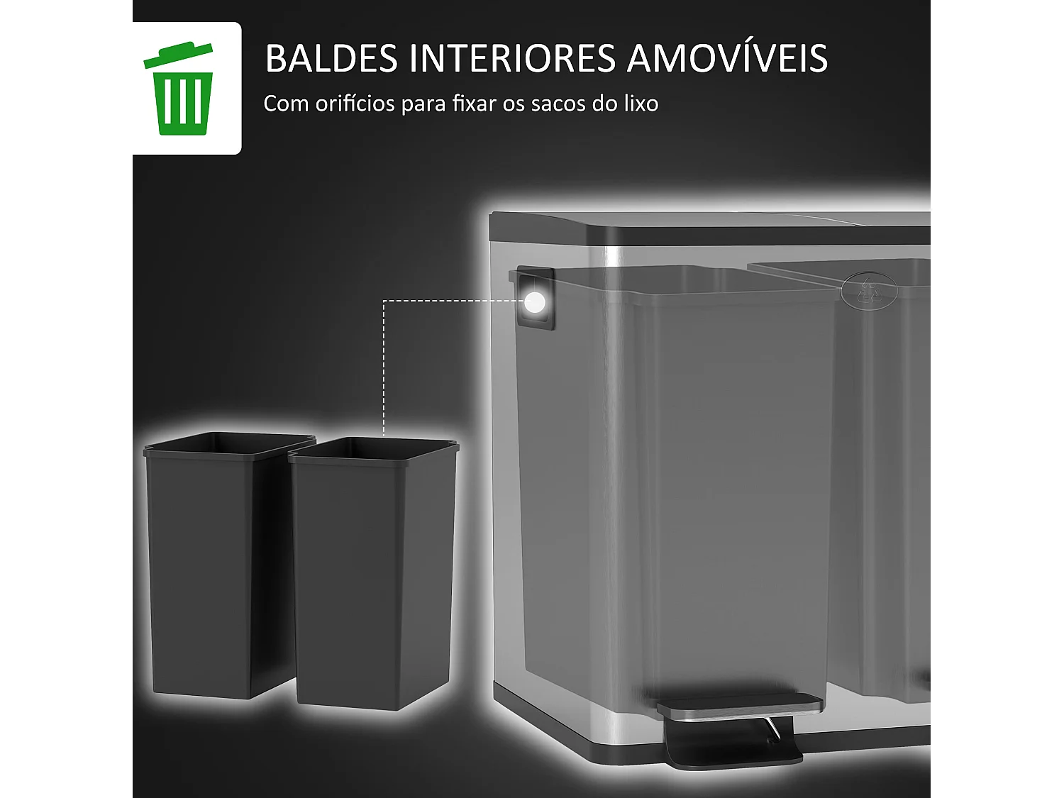 Balde de Lixo de Cozinha Chamonix com 2 Compartimentos de 15L em Aço Inoxidável e Tampa de Fechamento Suave