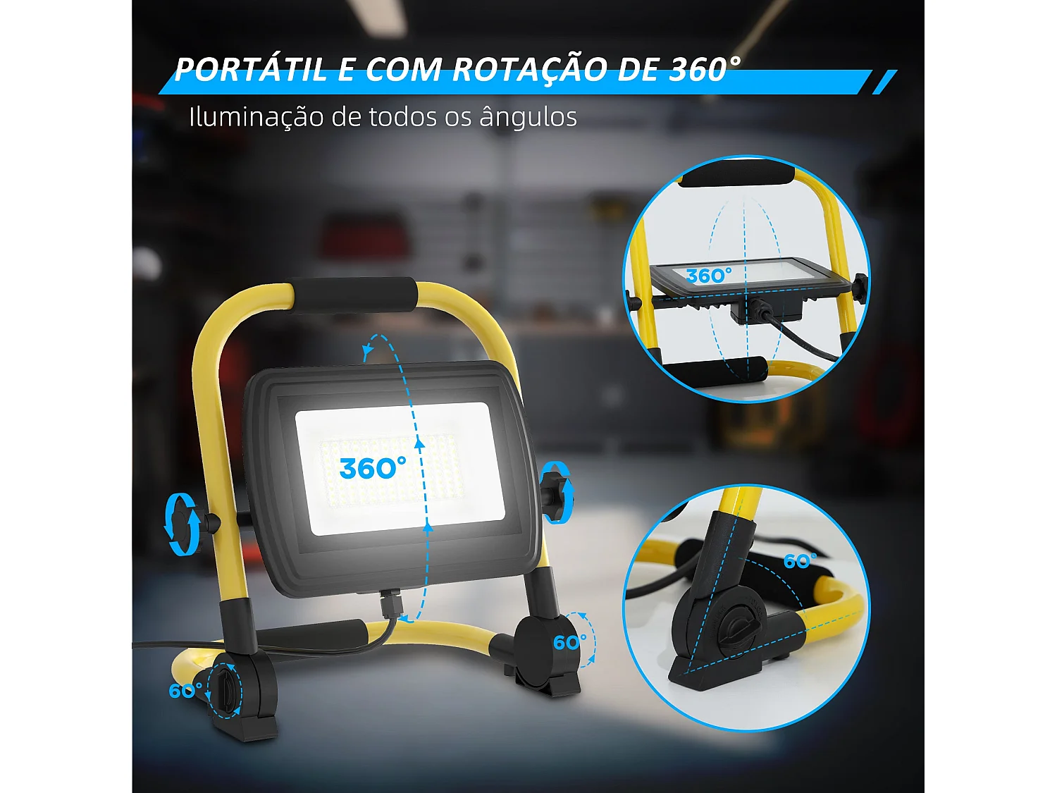Projetor LED Recarregável Portátil 50W com Suporte Ajustável e Alta Luminosidade IP65