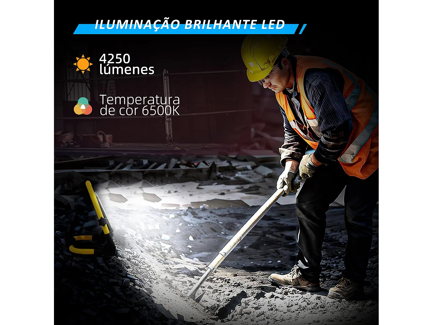 Projetor LED Recarregável Portátil 50W com Suporte Ajustável e Alta Luminosidade IP65