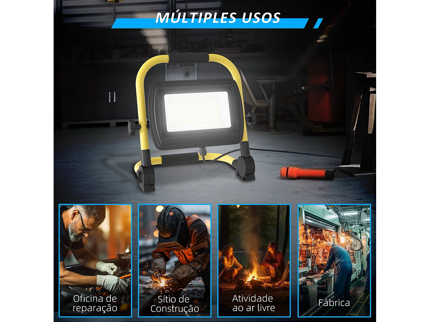 Projetor LED Recarregável Portátil 50W com Suporte Ajustável e Alta Luminosidade IP65