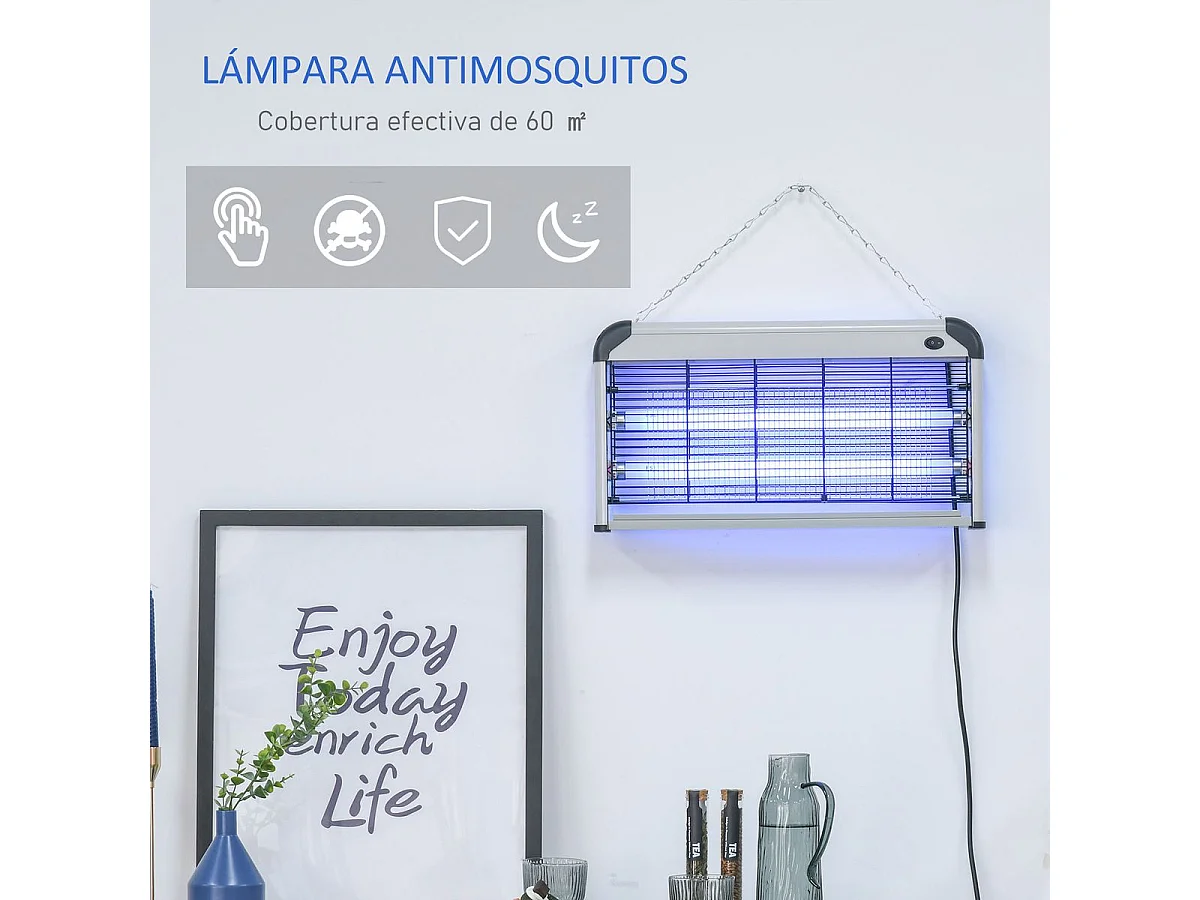 Lámpara anti mosquitos Outsunny 30W luz UV 60 m² plata 26,5x48,5x8,5 cm
