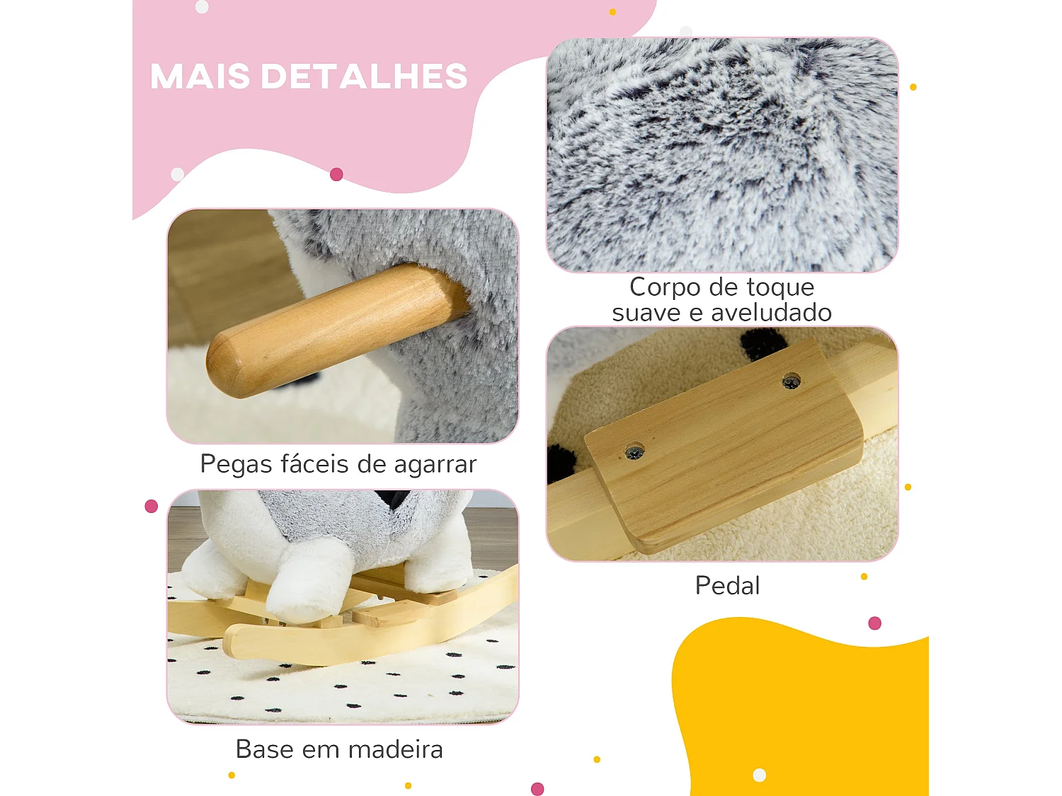 Baloiço de Pelúcia Husky para Crianças 18-36 Meses com Sons e Segurança