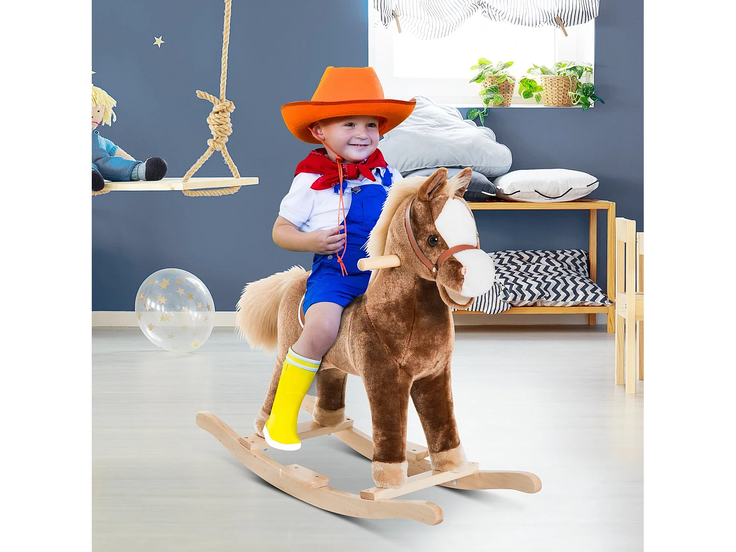 Cavalo de Baloiço Infantil com Estrutura Metálica e Base de Madeira para Crianças Acima de 3 Anos - Modelo Bordeaux