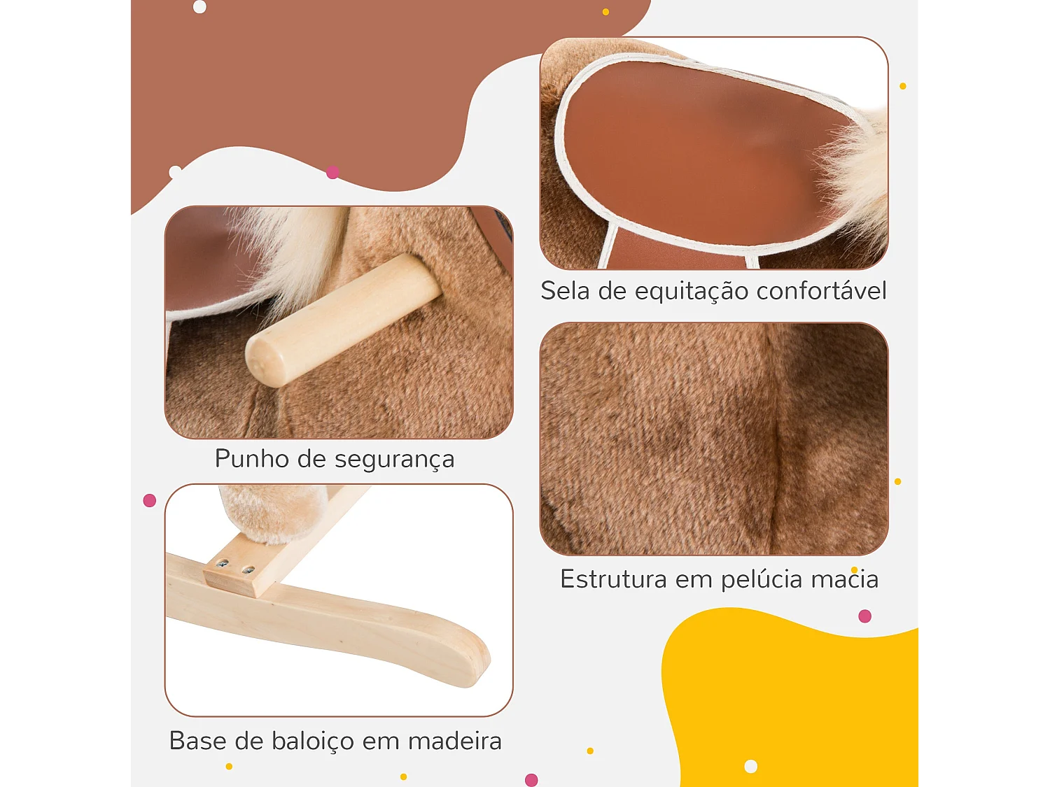 Cavalo de Baloiço Infantil com Estrutura Metálica e Base de Madeira para Crianças Acima de 3 Anos - Modelo Bordeaux