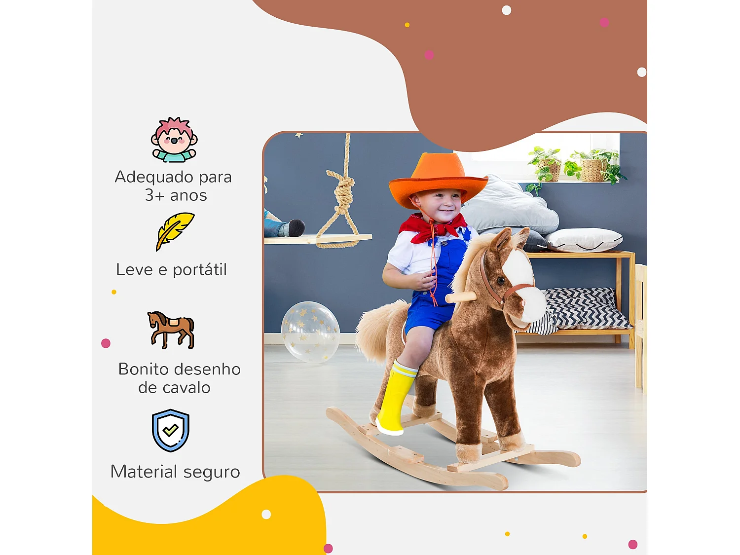 Cavalo de Baloiço Infantil com Estrutura Metálica e Base de Madeira para Crianças Acima de 3 Anos - Modelo Bordeaux