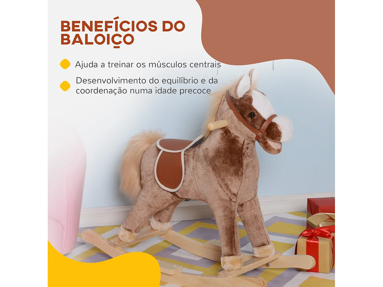 Cavalo de Baloiço Infantil com Estrutura Metálica e Base de Madeira para Crianças Acima de 3 Anos - Modelo Bordeaux