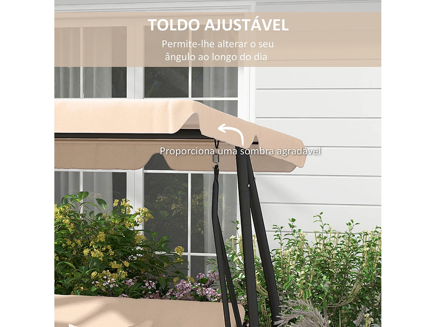 Baloiço de Jardim 3 em 1 com Toldo e Bandejas Laterais – Balancelle Sable Bege para Relaxar ao Ar Livre