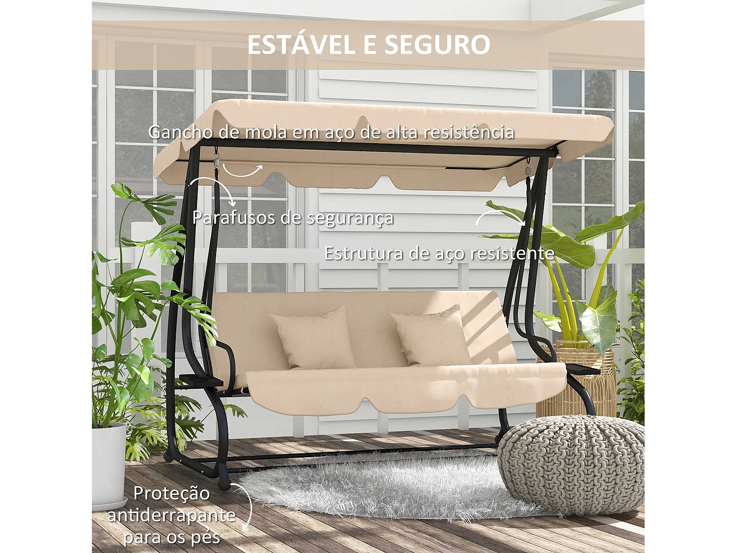 Baloiço de Jardim 3 em 1 com Toldo e Bandejas Laterais – Balancelle Sable Bege para Relaxar ao Ar Livre