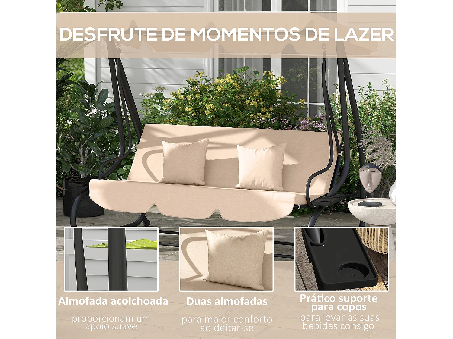 Baloiço de Jardim 3 em 1 com Toldo e Bandejas Laterais – Balancelle Sable Bege para Relaxar ao Ar Livre