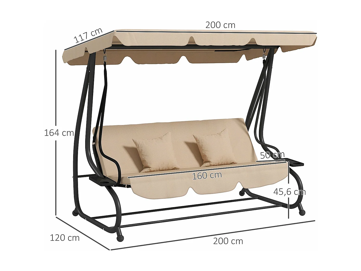 Baloiço de Jardim 3 em 1 com Toldo e Bandejas Laterais – Balancelle Sable Bege para Relaxar ao Ar Livre