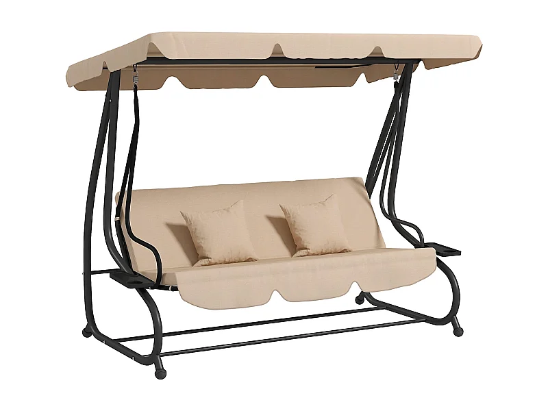 Baloiço de Jardim 3 em 1 com Toldo e Bandejas Laterais – Balancelle Sable Bege para Relaxar ao Ar Livre