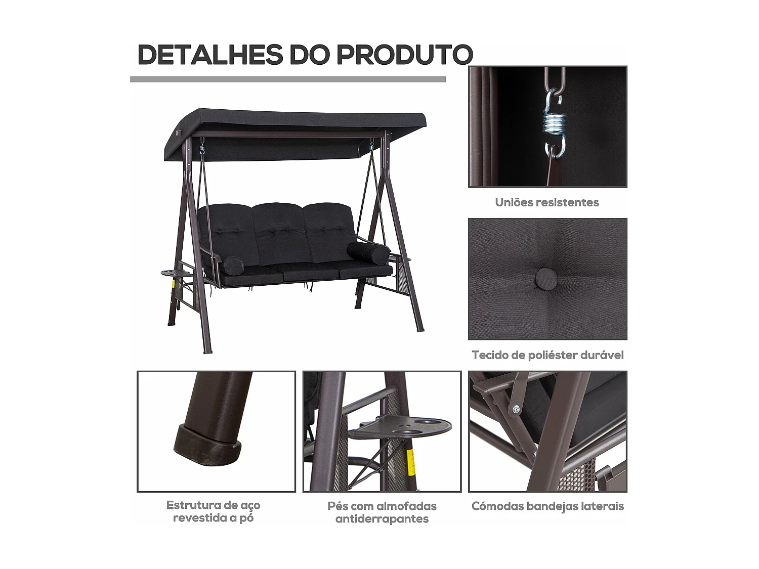 Baloiço de Jardim Faro com Teto e Suporte para Bebidas - Conforto para 3 Pessoas em Preto