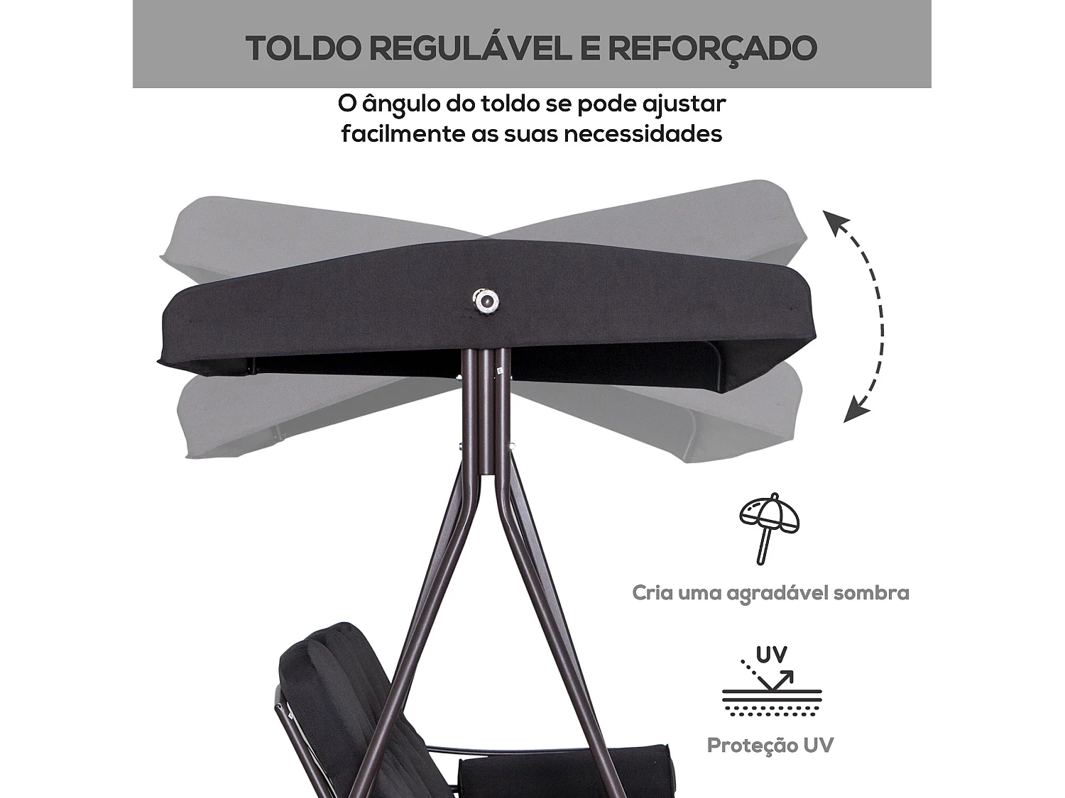 Baloiço de Jardim Faro com Teto e Suporte para Bebidas - Conforto para 3 Pessoas em Preto