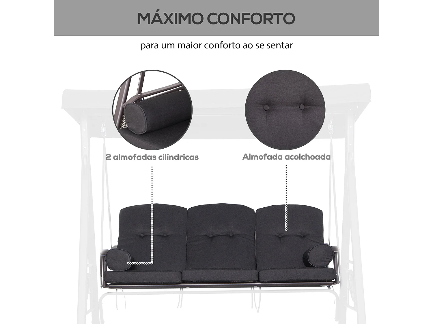 Baloiço de Jardim Faro com Teto e Suporte para Bebidas - Conforto para 3 Pessoas em Preto