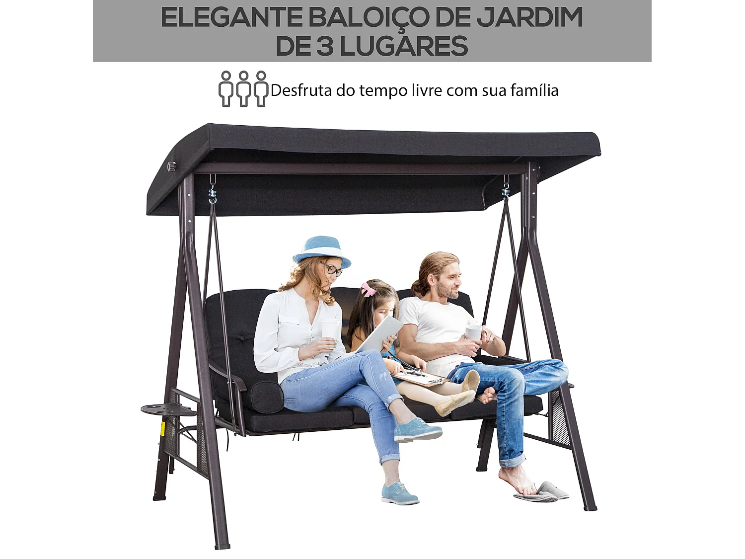 Baloiço de Jardim Faro com Teto e Suporte para Bebidas - Conforto para 3 Pessoas em Preto