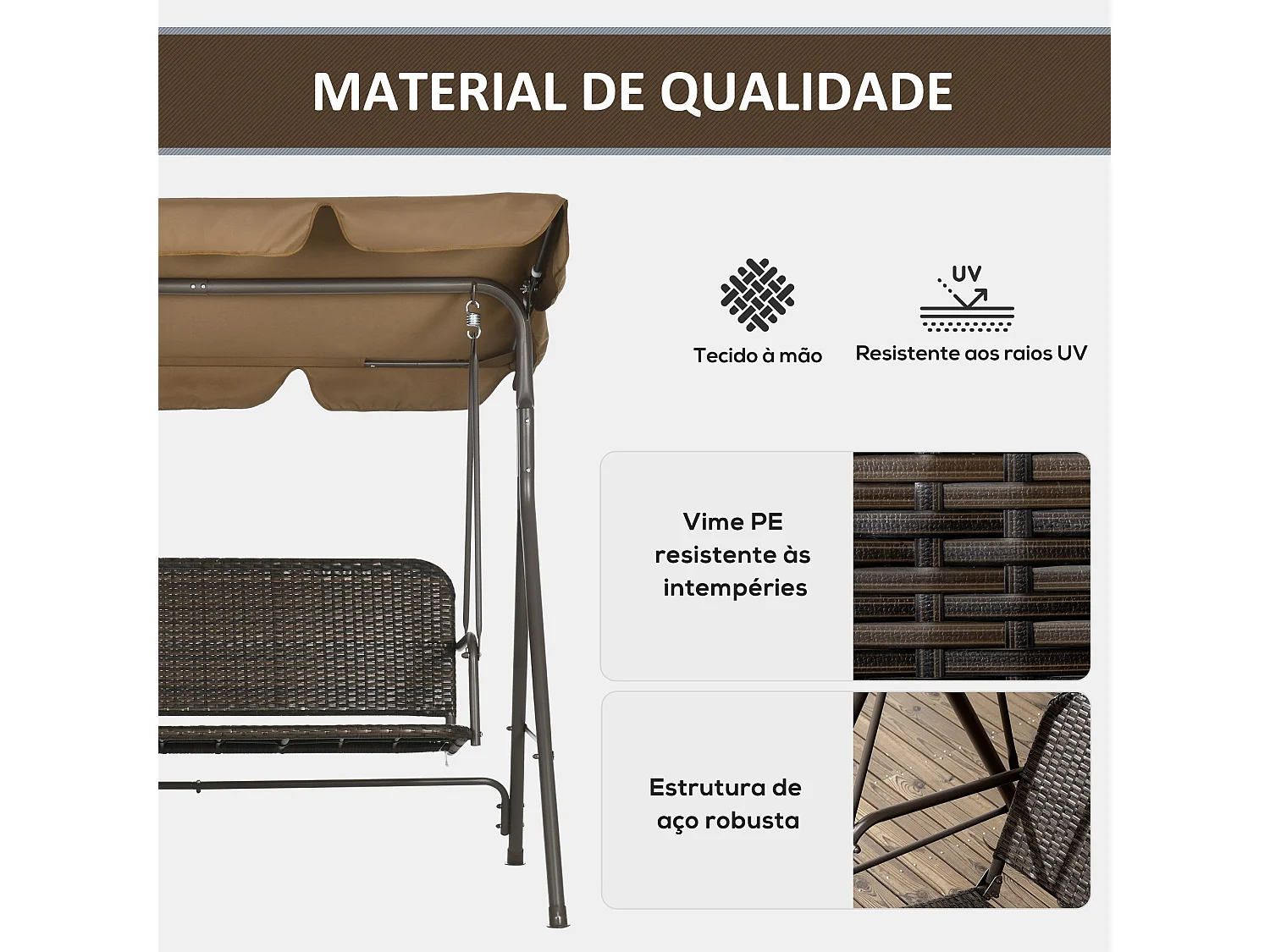 Banco Baloiço de Jardim com Toldo Ajustável para 3 Pessoas em Vime PE e Estrutura Resistente para Varanda e Pátio