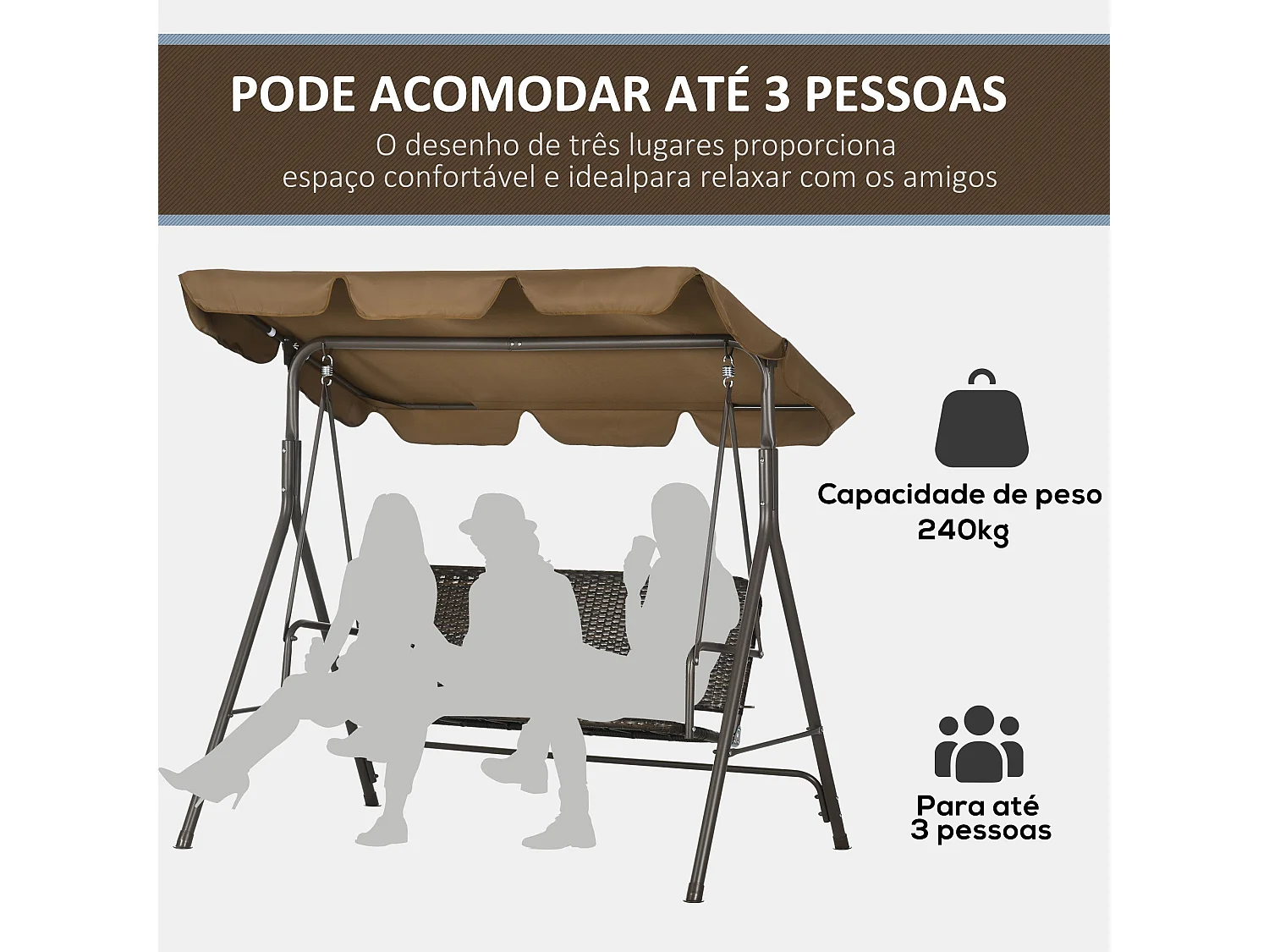 Banco Baloiço de Jardim com Toldo Ajustável para 3 Pessoas em Vime PE e Estrutura Resistente para Varanda e Pátio