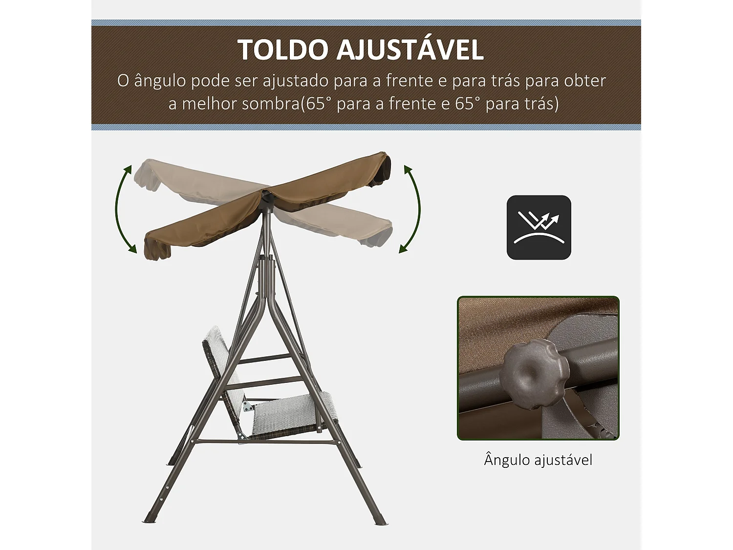 Banco Baloiço de Jardim com Toldo Ajustável para 3 Pessoas em Vime PE e Estrutura Resistente para Varanda e Pátio