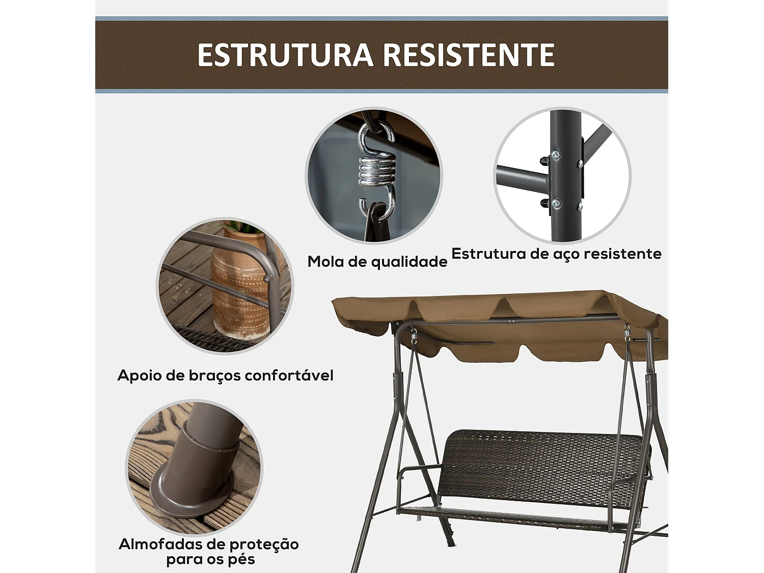 Banco Baloiço de Jardim com Toldo Ajustável para 3 Pessoas em Vime PE e Estrutura Resistente para Varanda e Pátio