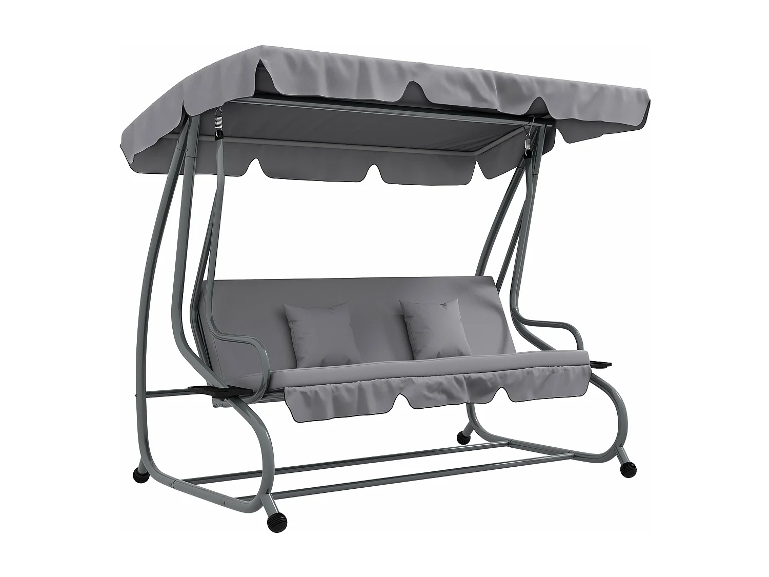 Banco Baloiço de Jardim 3 Lugares com Toldo Ajustável e Almofadas - Cama Convertível Cinza