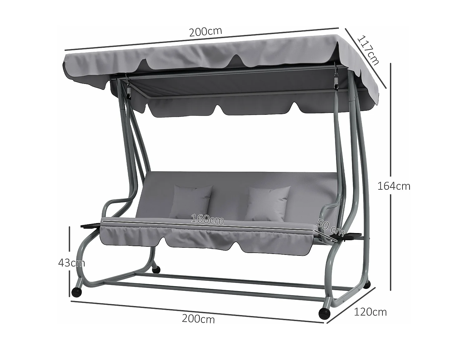 Banco Baloiço de Jardim 3 Lugares com Toldo Ajustável e Almofadas - Cama Convertível Cinza