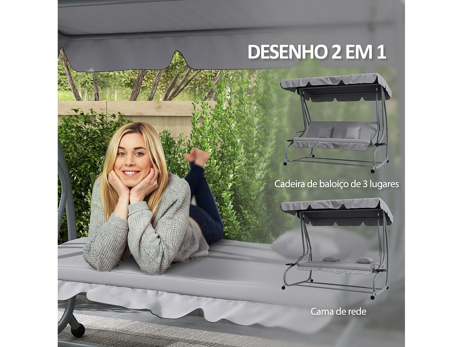 Banco Baloiço de Jardim 3 Lugares com Toldo Ajustável e Almofadas - Cama Convertível Cinza