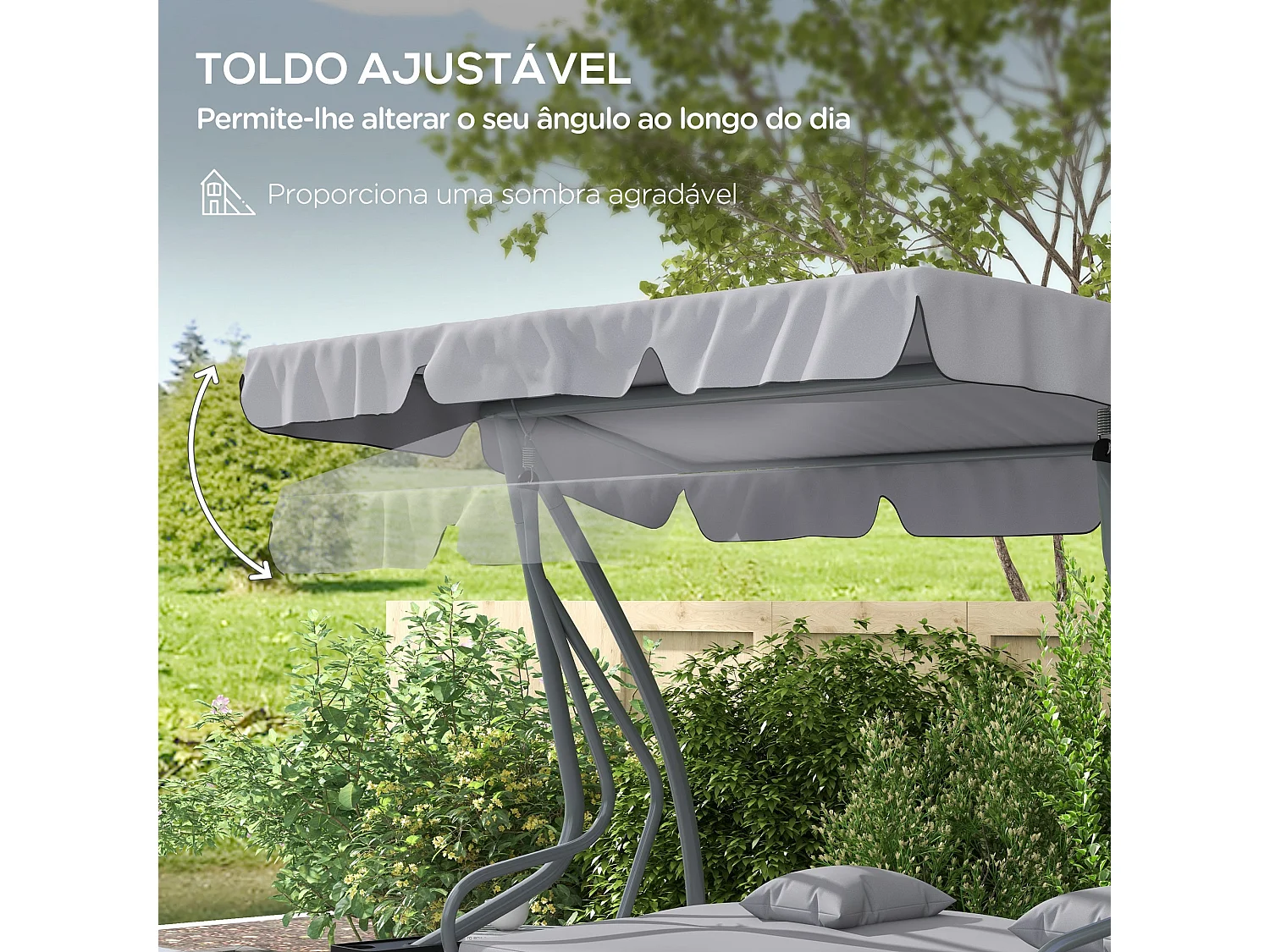 Banco Baloiço de Jardim 3 Lugares com Toldo Ajustável e Almofadas - Cama Convertível Cinza