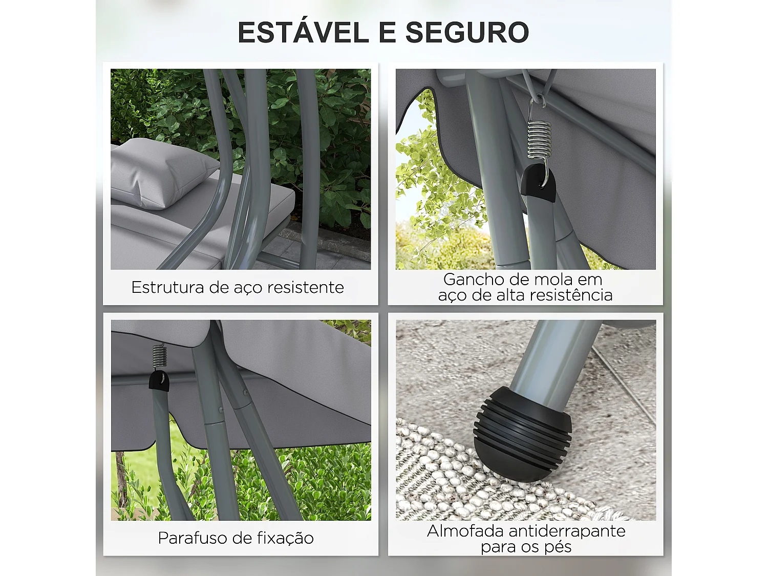 Banco Baloiço de Jardim 3 Lugares com Toldo Ajustável e Almofadas - Cama Convertível Cinza