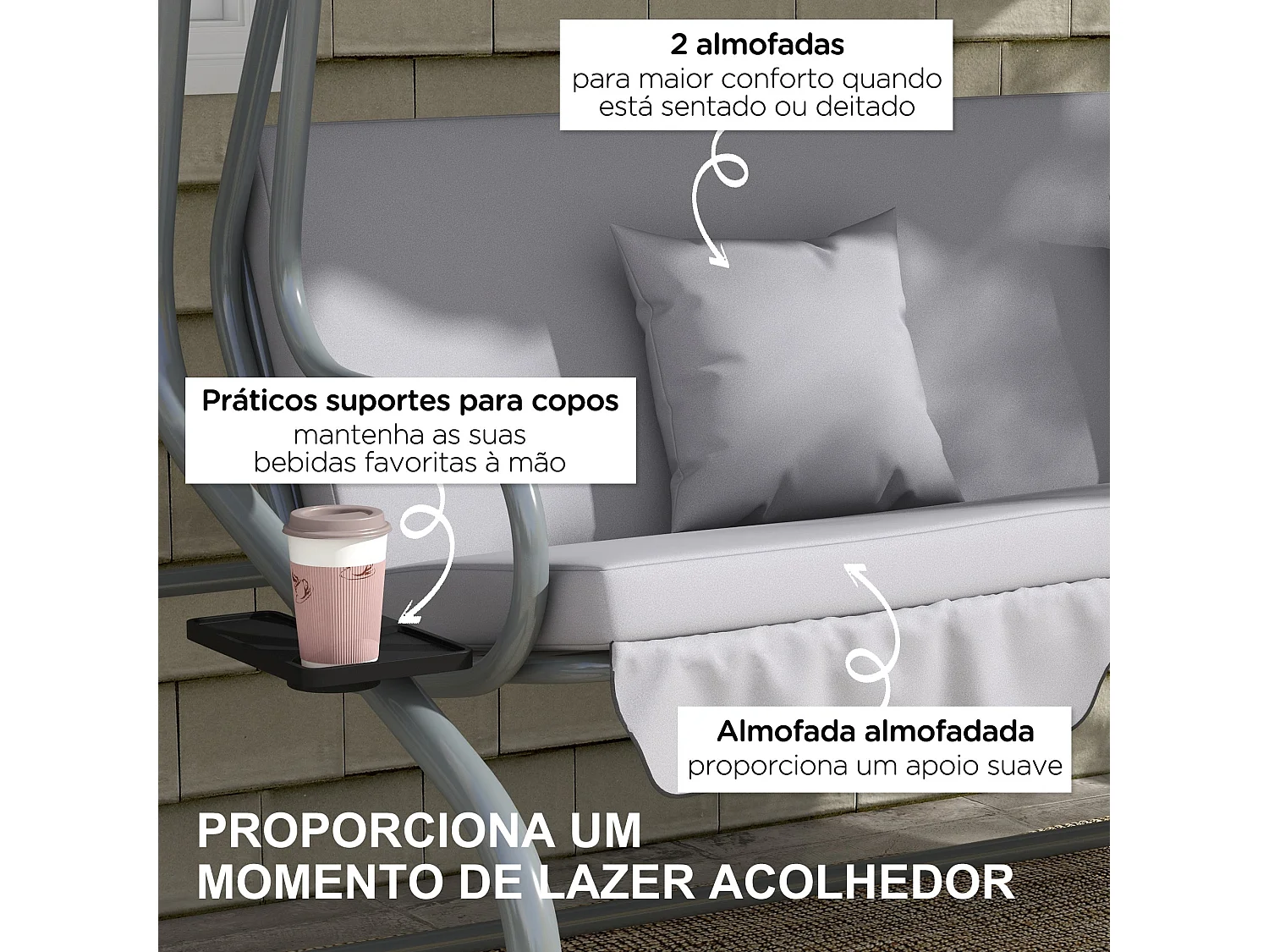Banco Baloiço de Jardim 3 Lugares com Toldo Ajustável e Almofadas - Cama Convertível Cinza