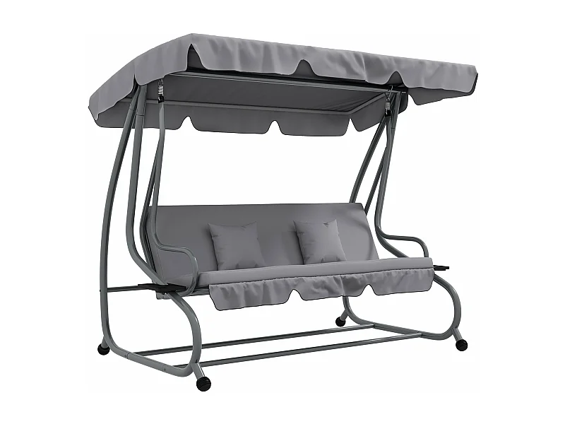 Banco Baloiço de Jardim 3 Lugares com Toldo Ajustável e Almofadas - Cama Convertível Cinza