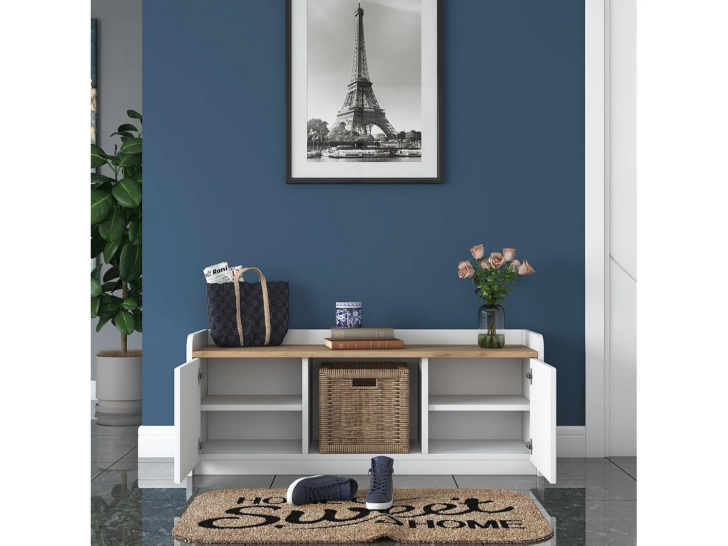 Sapateira Moderna "Linea" com Banco - 120 x 45 x 40 cm - Branco e Nogueira para Organizar Sapatos