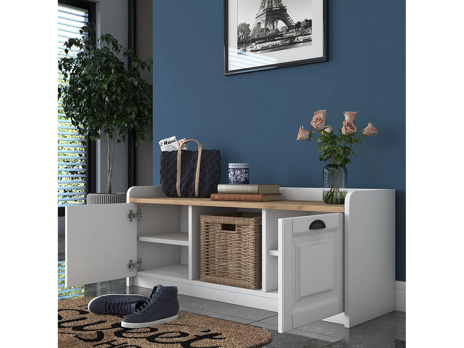 Sapateira Moderna "Linea" com Banco - 120 x 45 x 40 cm - Branco e Nogueira para Organizar Sapatos